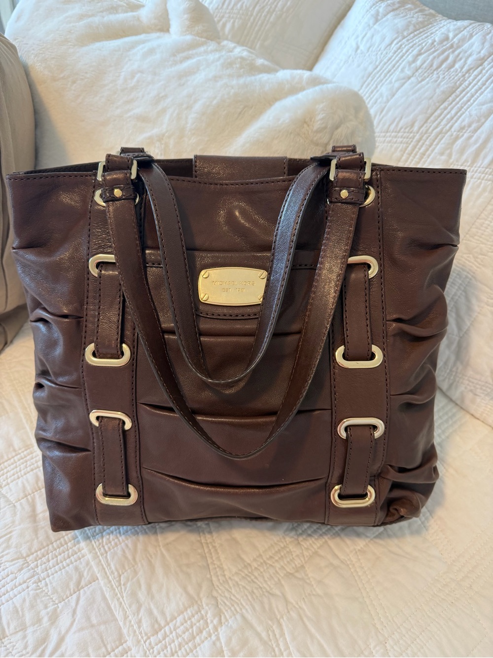 Michael Kors Gansevoort NS  Brown Leather Tote/gold Hardware 12x15 & Dusty!